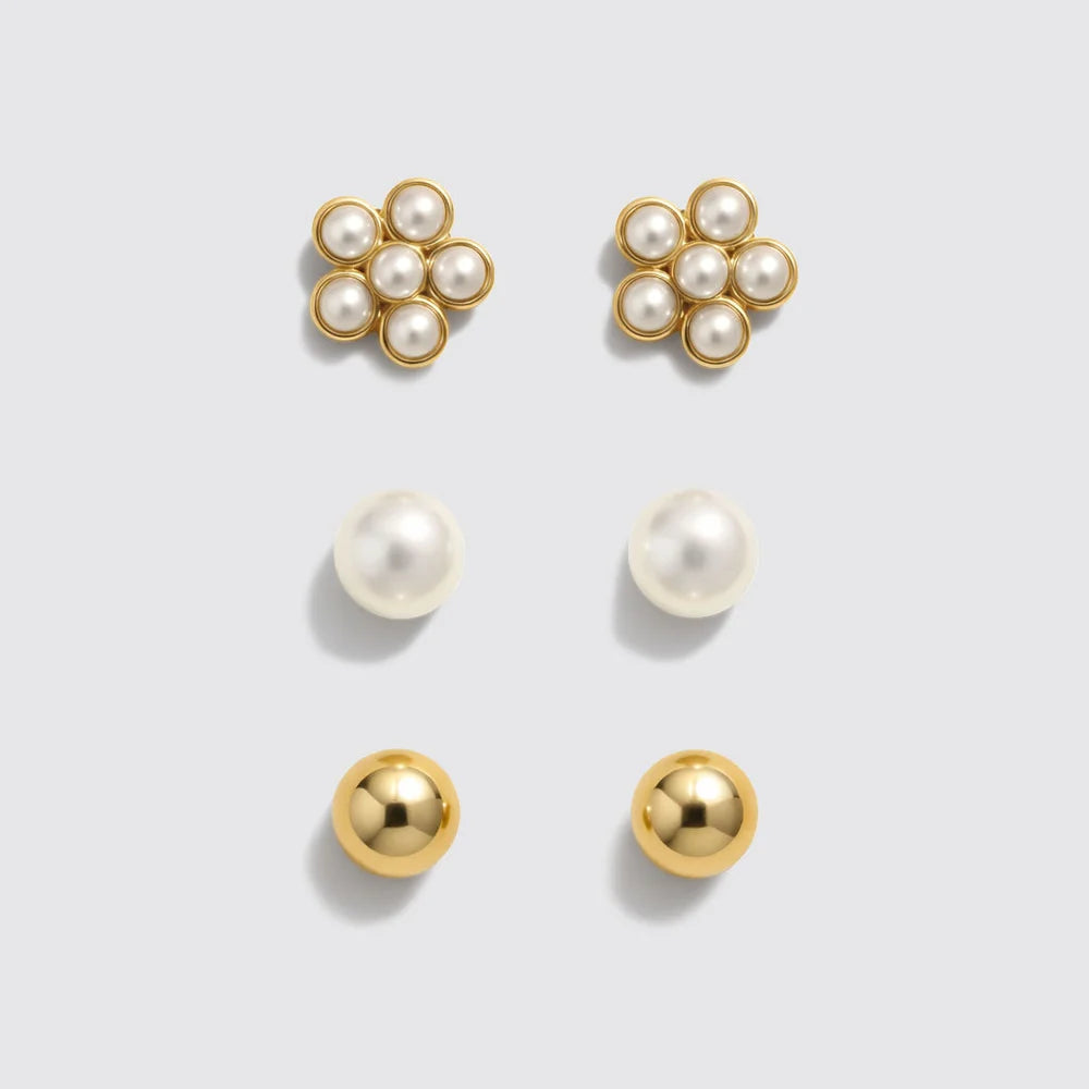 Set of 3 Gold-Tone Stud Earrings with Pearls and Flowers