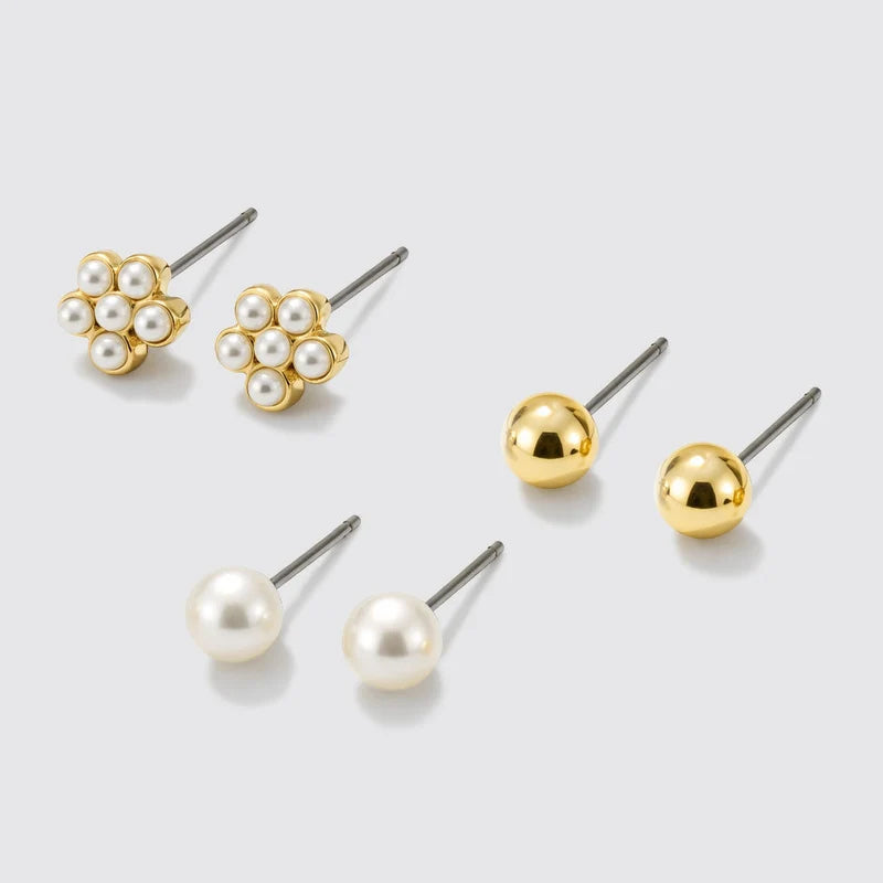 Set of 3 Gold-Tone Stud Earrings with Pearls and Flowers