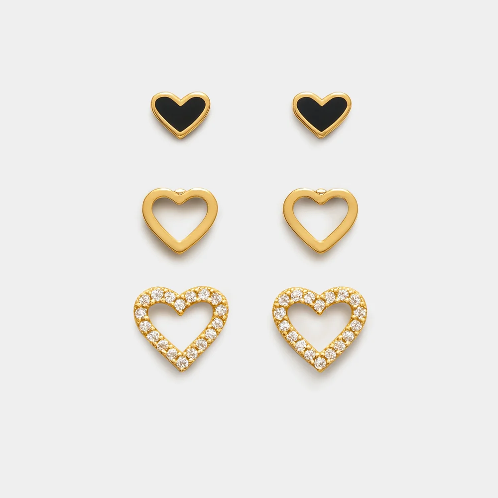 Black and Golden Hearts Earring Trio