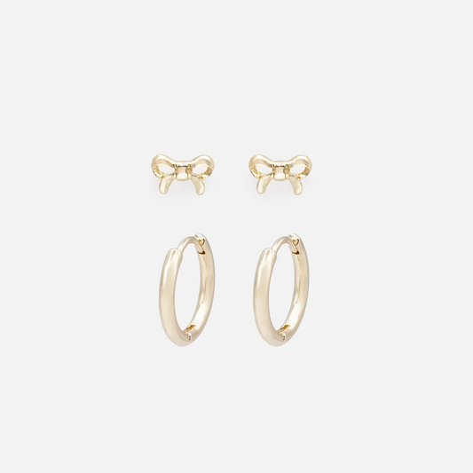 Golden Small Bows & Huggies Earring Duo
